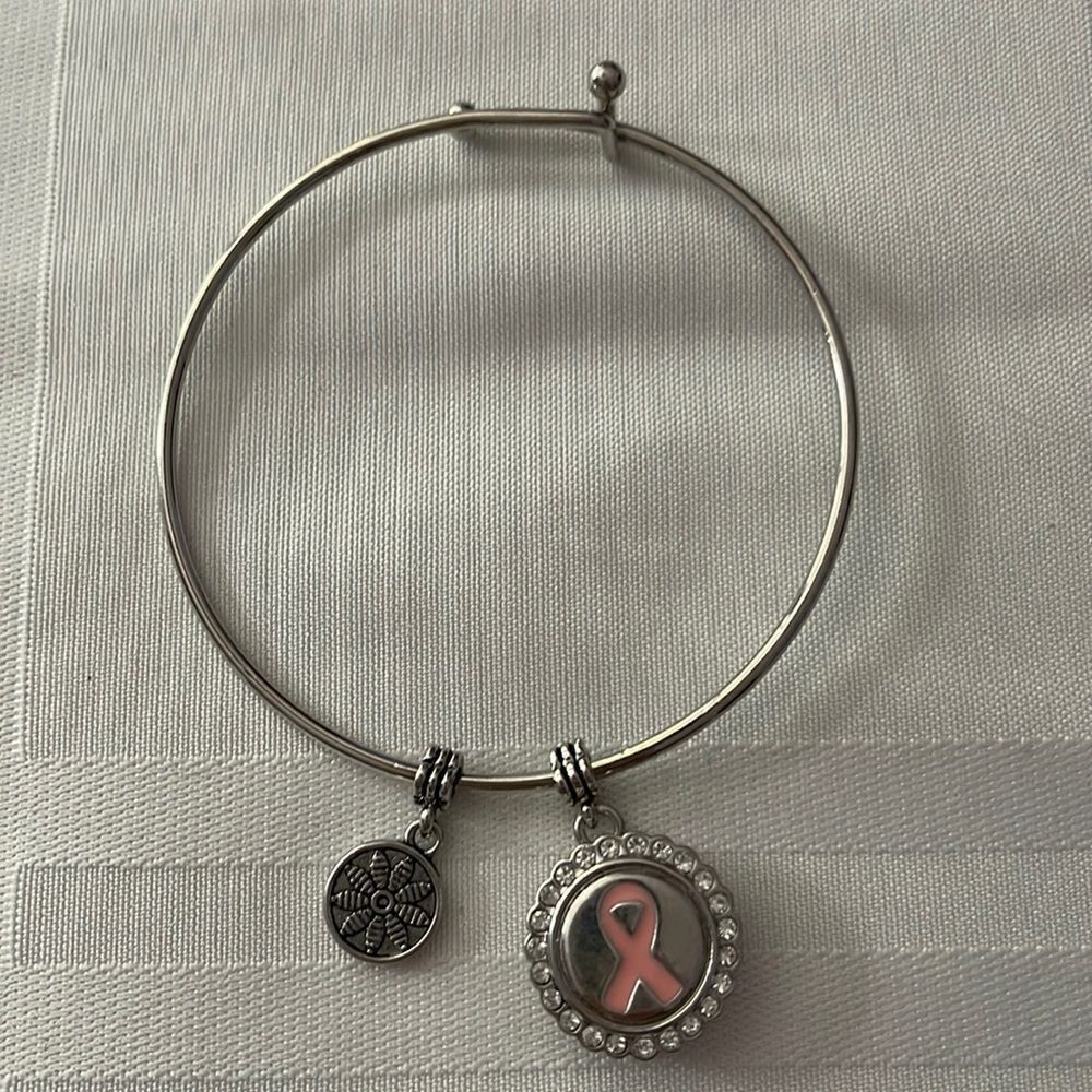 Ginger Snaps silver breast cancer awareness bangle charm bracelet.